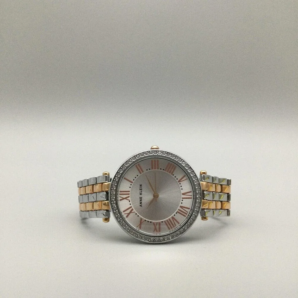 Anne Klein Womens Watch 34mm Silver Two Tone Crystals AK/2251 New Battery 7.75